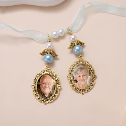 Image of MIXJOY Something Blue Gift for Bride, Wedding Day Bridal Blue Pearl Angel Wings Bouquet Garter Charm for Bride to Be