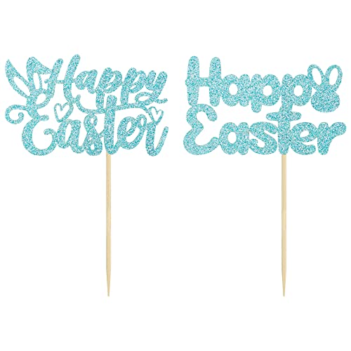 Gyufise 24 Pack Blue Glitter Happy Easter Cupcake Toppers Easter Bunny Ear Cake Topper Decorations For Easter Party Bunny Theme Birthday Party Decorations #TOP2