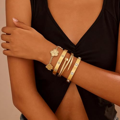 Stackable Gold Bracelets for Women - 4 Sets, 18K Gold Plated Bracelets, Stainless Steel Bangle Bracelets Non-Tarnish, Stylish Gold Jewelry Ensemble, Valentine's Day, Birthday and Christmas Jewelry Gifts — view 3