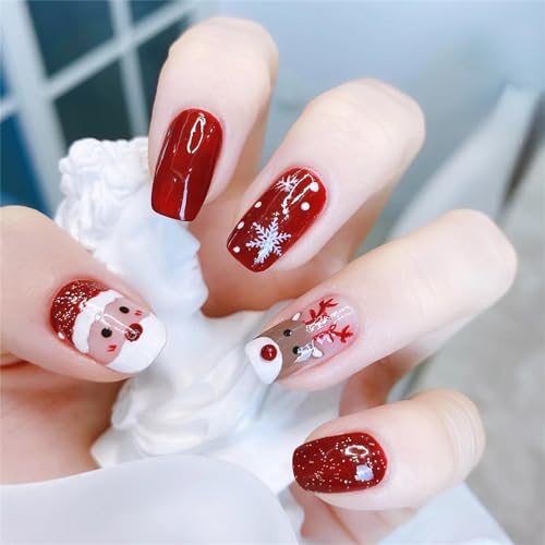 Medium Press on Nails Set Short Christmas Fake Nails with Snowflake Design Glitter Sequins Acrylic Nails with Glue on Nails Glossy Acrylic Nails False Nails for Women XE-81-43