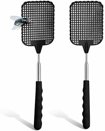 2X Fliegenklatsche XXL 75 cm ausziehbar - Insektenklatsche mit Teleskop für Fliegen & Insekten - Fliegenfänger & Insektenfänger als Fliegenschutz