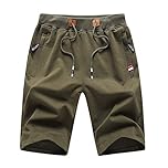 JustSun Mens Shorts Casual Sports Joggers Shorts with Elastic Waist Zipper Pockets Army Green UK 2X-Large