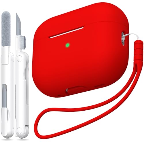 Image of MHYALUDO Compatible with AirPods Pro 2nd Generation Case Cover, Anti-Fall Soft Silicone Shock-Absorbing Compatible with AirPods Pro Case Skin Touch with Lanyard and Cleaning Kit, Red