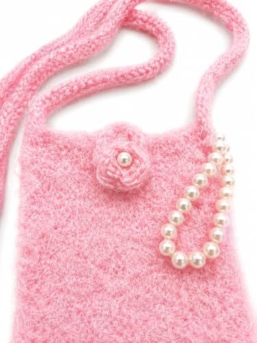 Image of Handmade Crochet Mobile Pouch for Women & Girls | Knitted Phone Holder with Wrist Strap | Cute Floral Aesthetic Mobile Cover Case | Soft Yarn Handmade Gift (Furrpink)