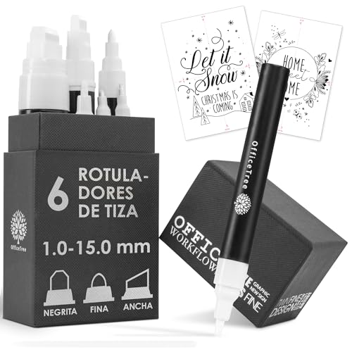 OfficeTree 6x Rotulador Tiza Liquida Blanca - Puntas Intercambiables de 1mm a 15mm - Rotulador Blanco Pizarra Negra