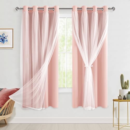 Hiasan Blackout Curtains with Sheer Overlay, Pink, 52W X 63L, 2pcs