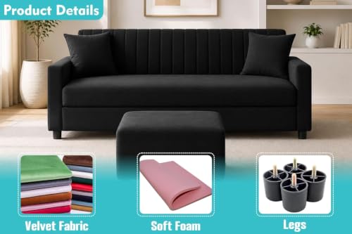 Image of Urban Decor 3 Seater Wooden Sofa Set with Matching Ottoman, Modern Channel Tufted Velvet Fabric Couch for Living Room-Black