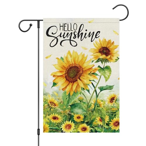 Wodison Spring Summer Sunflower Garden Flag 12x18 Inch Double Sided Burlap for OutsideHello Sunshine Yard Sign Seasonal Holiday Outdoor Decoration