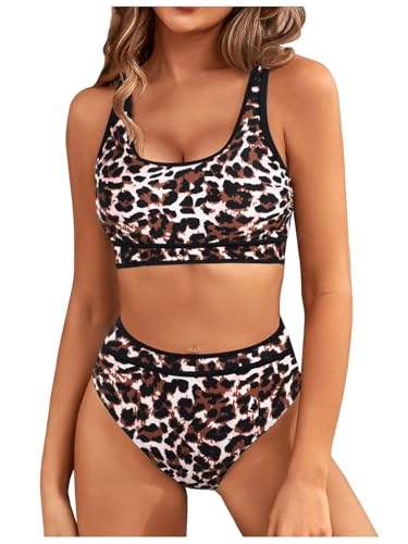 Image of Genfien Women's Bikini Sets Bikini Tops High Waisted Bottom Tummy Control Bathing Suits Cut Out Ladies Swimsuit Suits Padded Beachwear Leopard