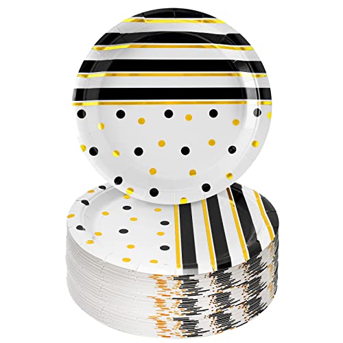 Pappteller, CEILIWEN 50 Stück Partyteller Partygeschirr Teller, 22,9 cm weiße und goldene Stern-Pappschalen, Partyzubehör Geburtstagsteller (schwarz und weiß, 9) Cover
