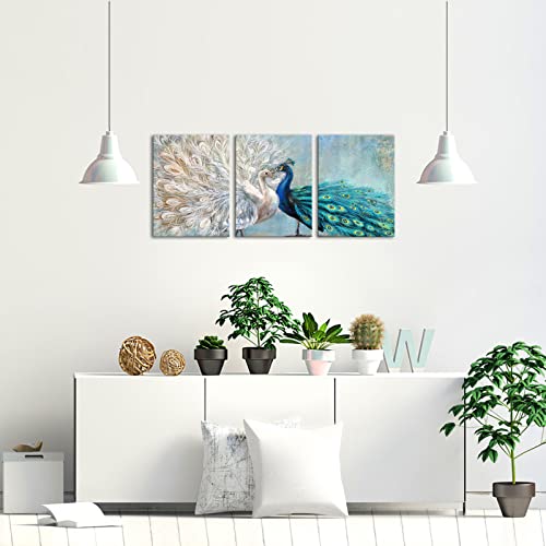 Sechars 3 Piece Peacock Canvas Wall Art Vintage Blue And White Peacock Feather Painting Picture Artwork For Home Living Room Bedroom Decor Ready To Hang thumb #3