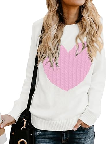 QIXING Women's Jumper Heart-Shaped Cable Knit Winter Sweater Round Neck Long Sleeve Valentine's Day Pullover for Mother Girlfriend (White-Pink, XL)
