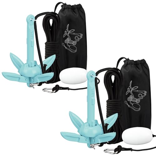 Lounsweer 2 Pack Marine Kayak Anchor Kit Folding Grapnel Anchor Kit Boat Kayak Fishing Accessories for Small Boats Kayaks Canoe Paddle Boards(Light Blue,1.5lb)