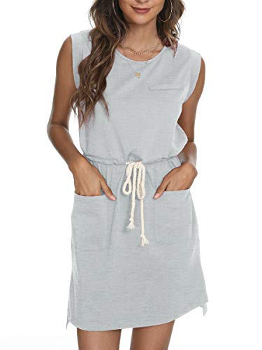 Missufe Drawstring Waist Mini Tshirt Dress Women s Sleeveless Shift Dress with Pockets (Grey, Small)