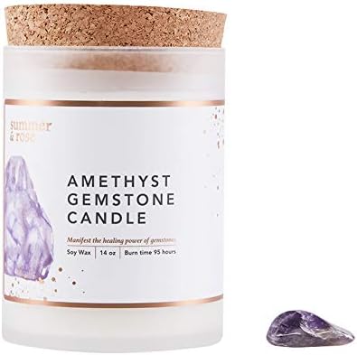 FabFitFun Summer & Rose Soy Wax Scented Candle with Gem Stones (Amethyst Gem Stone)