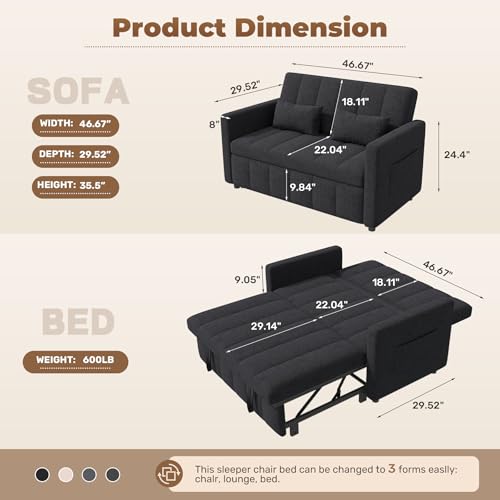 Image of Nebuaegis Sleeper Sofa Bed,3-in-1 Convertible Pull Out Couch with Adjustable Backrest for Living Room,Loveseat Sofa Bed with Side Pockets,Easy Assembly,Dark Gray,1 PCS