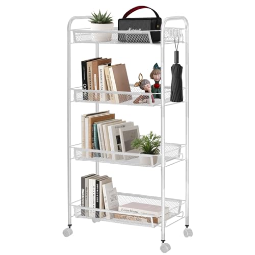 Image of GREENSAPPIRE 4-Tier Rolling Cart Rolling Storage Trolley Mobile Storage Trolley On Wheels Slide Out Utility Cart Shelving Units Mesh Shelves on Wheels for Kitchen, Bathroom (4-Tier White)