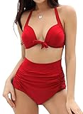 SHEKINI Damen Bikini Set Rückenfrei Elegant Neckholder Bikinioberteil Ruched Bauchweg High Waist Bikinihose Retro Zweiteiliger Badeanzug (Medium, Rot)
