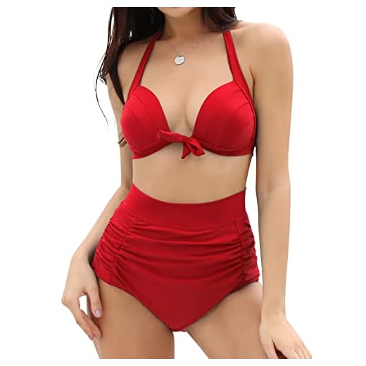 SHEKINI Damen Bikini Set Bademode Rückenfrei Elegant Verstellbarer Bikinioberteil Retro Zweiteiliger Badeanzug Ruched Bauchweg High Waist Bikinihose Tankini Badeanzug (Medium, Rot)