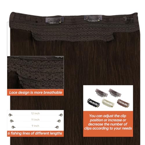 Sunny Wire Hair Extensions Real Human Hair Fish Line Human Hair Extensions Invisible Wire Extensions Chocolate Brown #4 14 Inch - Thumbnail 4