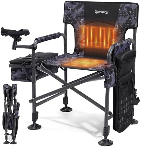 X Strike Heated Fishing Chair with Rod Holder Cooler Bag Storage Bag Shoulder Strap and Adjustable Feet, 350LB Heavy Duty Folding Ice Fishing Chair for Adults Outdoor Camping (Battery Not Included)