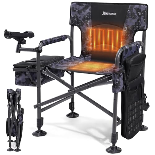 X Strike Heated Fishing Chair with Rod Holder Cooler Bag Storage Bag Shoulder Strap and Adjustable Feet, 350LBS Heavy Duty Folding Ice Fishing Chair for Adults Outdoor Camping (Battery Not Included)