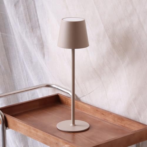 DILUMEN Tischlampe Dimmbar Kabellos,Wiederaufladbar Akku Tischleuchte mit Touch Control,Metall LED Akku Tischlampe mit USB-C,Wasserdichte Tischleuchte für Terrassen,Restaurants,5200mAh,Beige