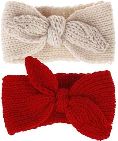 IZUS Turban Headband Baby Girl - Warm Rabbit Knot Hair Band, Knit Head Wrap for Newborn, Toddler and Children (Red + Beige)