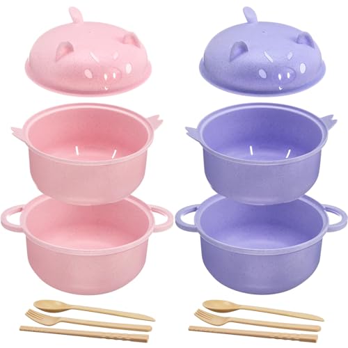 Romooa 2 Sets Large 45oz Cute Ramen Bowl Set Microwavable Pig Ramen Noodle Cooker Wheat Straw Bowl with Strainer Lid Spoon Chopsticks Fork Back to School Gift for Dorm College (Pink,Purple)