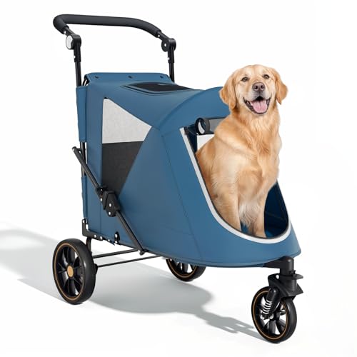 Image of Magshion Pet Stroller for Medium Large Dog, 3-Wheel Foldable Jogger, Navy | All-Terrain with Adjustable Handle, Dual Entry, Rear Storage, Breathable Mesh, One-Foot Brake, Up to 55 lbs