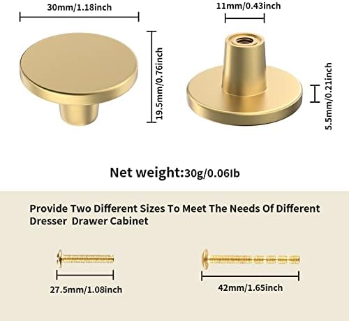 BIGLUFU 12 Pcs Brass Drawer Knobs, Round Kitchen Cabinet Knobs, Dresser Handles Pulls for Chest of Drawers with Screws-20x30 mm (Gold)