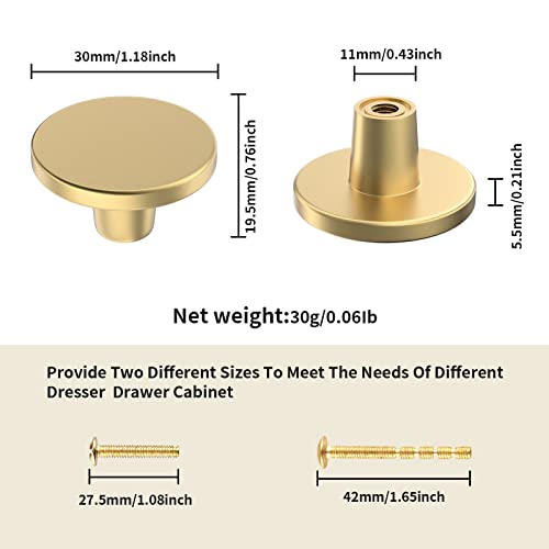 BIGLUFU 6 Pcs Brass Drawer Knobs, 1.18"/30mm Round Kitchen Cabinet Knobs, Furniture Door Handles Cupboard Pulls with Screws - Image 3