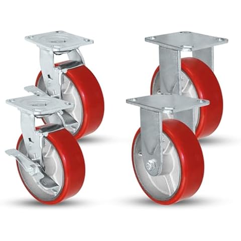 5" X 2" Swivel Caster Heavy Duty Red Polyurethane Wheel on Steel Hub with Brakes (2) and Fixed (2) 4,000lbs Per Set of 4 Tool Box Casters - CasterHQ Brand (5") Cover
