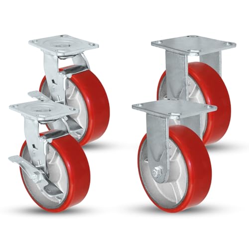 6" x 2" Heavy Duty Caster Set with Red Polyurethane on Steel...