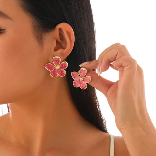 Bold Pink Floral Statement Earrings for Women - Unique Large Enamel Flower Jewelry by Femmesavor - Image 2