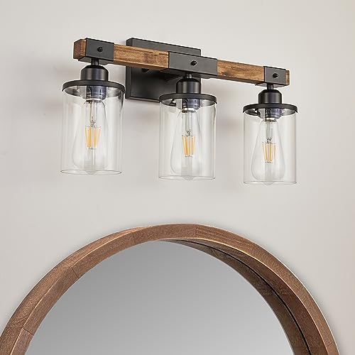 Image of 3-Light Bathroom Light Fixtures, Farmhouse Bathroom Vanity Light Rustic Wood Industrial Vintage Black Small Wall Light Sconce Lamp Over Mirror with Clear Glass Shade for Bedroom