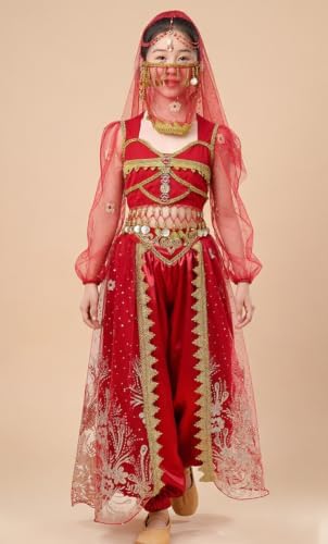TLMNU Long Sleeve Princess Jasmine Halloween Belly Dance Costume Girls Princess Party Supplies Red Tag-130 — view 2