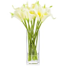 15 Pieces Artificial Real Touch Lilies Flower Arrangement in Glass Vase with Faux Water for Home Decoration Ivory