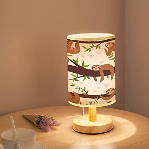 Lopyeijfg Minimalist Bedside Table Lamp Sloth Seamless Cute Little Sleepy Baby Animal Wood Nightstand Lamp Bedside Desk Lamp Wood Base Flaxen Fabric Shade For Bedroom Living Room 5.5X11Inch #TOP1