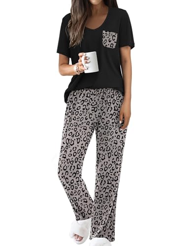 Famulily Ladies Leisure Wear Sets for Women UK Womens Pajama Sets Summer Lounge Set 2 Pack Matching Clothing Sets Leopard M
