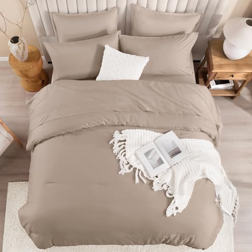 Image of Litanika Oversized Queen Comforter Set Light Coffee - 7 Pieces Bed in a Bag Cal King Beddding Sets, Plain Lightweight Bed Set with Comforter, Sheets, Pillowcases & Shams