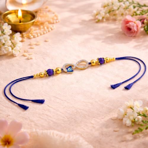Image of JAIPUR ACE Elegant Infinity Rakhi Bracelet with Evil Eye Charm Premium Blue Thread Raksha Bandhan Rakhi for Brother, Gold Beads Designer Rakhi with Protective & Modern Stylish Look (Infinity Rakhi)