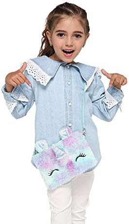 Women Girls Kids Fluffy Fuzzy Unicorn Bag Plush Tie Dye Rainbow Crossbody Purse
