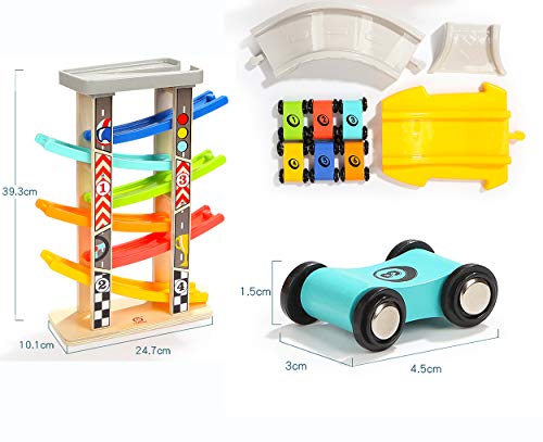 TOP BRIGHT Wooden Race Track, Car Ramp Toys for Toddlers 18+ Months with 6 Mini Cars, 1 Car Garage & Extra Bridges, Toddler Toys for 2 3 4 Year Old Boys and Girl Gifts - Thumbnail 3