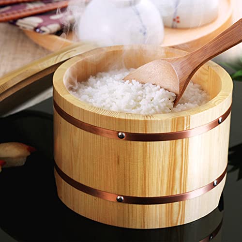Wsha Sushi Wood Rice Bowl With 2Pcs Sushi Making Kit And Lid, Japanese Hangiri Sushi Rice Mixing Tub Copper Band For Sushi Oke Restaurant Rice Barrel,Large #TOP1