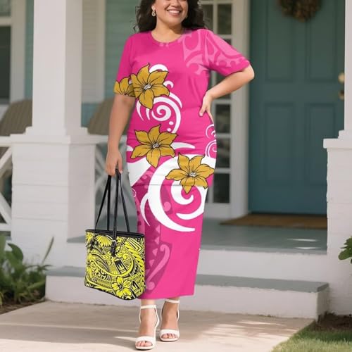 Image of Puletasi Samoan Traditional 2 Piece Outfits for Women Short Sleeve Crop Top and Maxi Skirt Sets Puletasi Dress