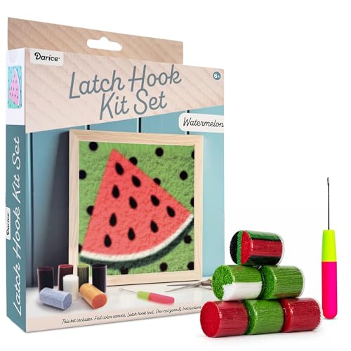Image of Darice Latch Hook Rug Kit, Watermelon Design DIY Latch Hook Kit for Kids & Adults, Color Canvas, PreCut Yarn & Hook Tool, Craft Activity & Gift for Kids