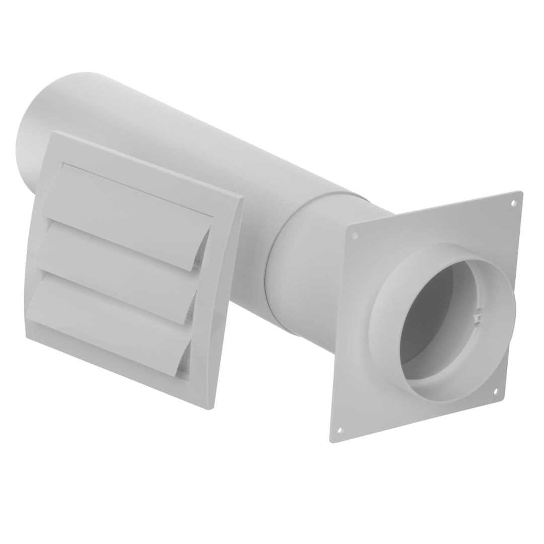 Ø 125mm Kit de Ventilación Mural - Tubo Telescópico de Plástico - Rejilla de Ventilación con Persianas Automáticas y Mosquitera