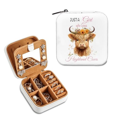 Highland Cow Jewelry Box, Cute Animal Jewellery Organiser, Portable Storage Case for Necklaces Earrings Rings, Highland Cow Lover Gifts for Women Girls