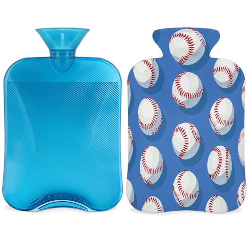 Mexpekil Bolsa de agua caliente deportiva con patrón de béisbol con funda, bolsa de agua caliente de PVC de 2 litros para aliviar el dolor, pies, espalda, calor
